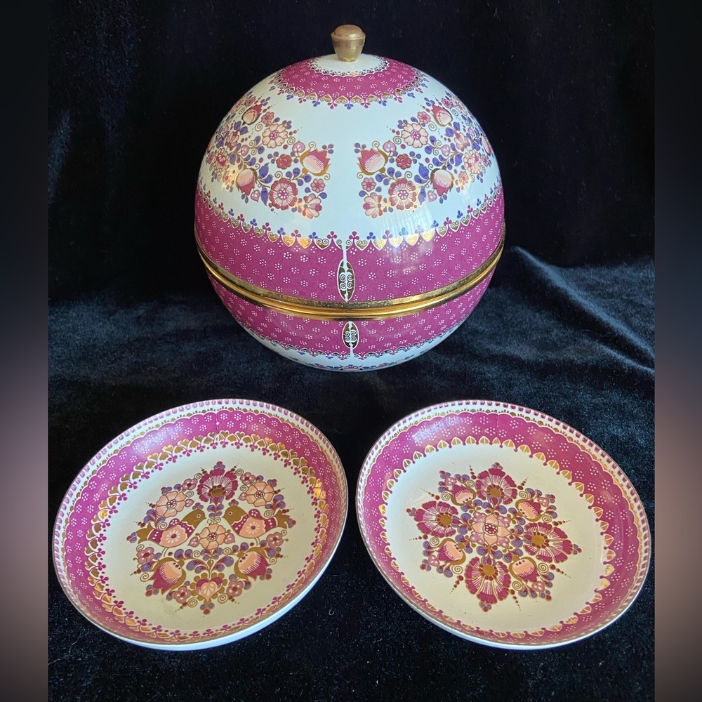Steinbock Email Studio Austria Large Enamel Round Box & 2 small trinket Dishes